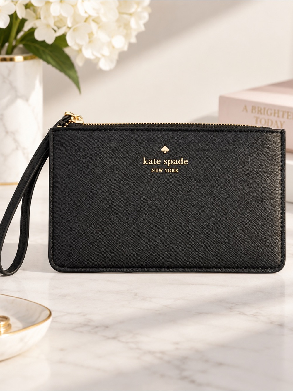Kate Spade New York Black Saffiano Leather Wristlet Gold Hardware| Quiet Luxury